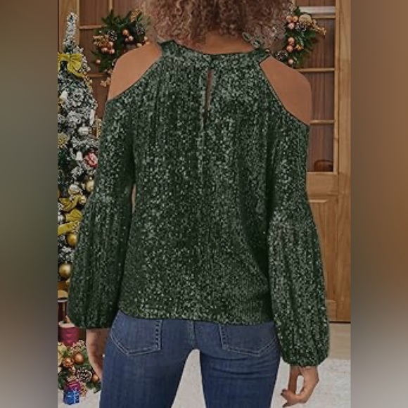 NWOT Blanches Sequin Top Long Sleeve Crew Tunic open shoulder Top - Picture 2 of 13